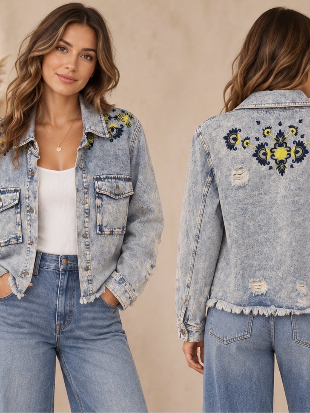 Floral Embroidered Light Wash Denim Jacket (090678) ✨ 🌼